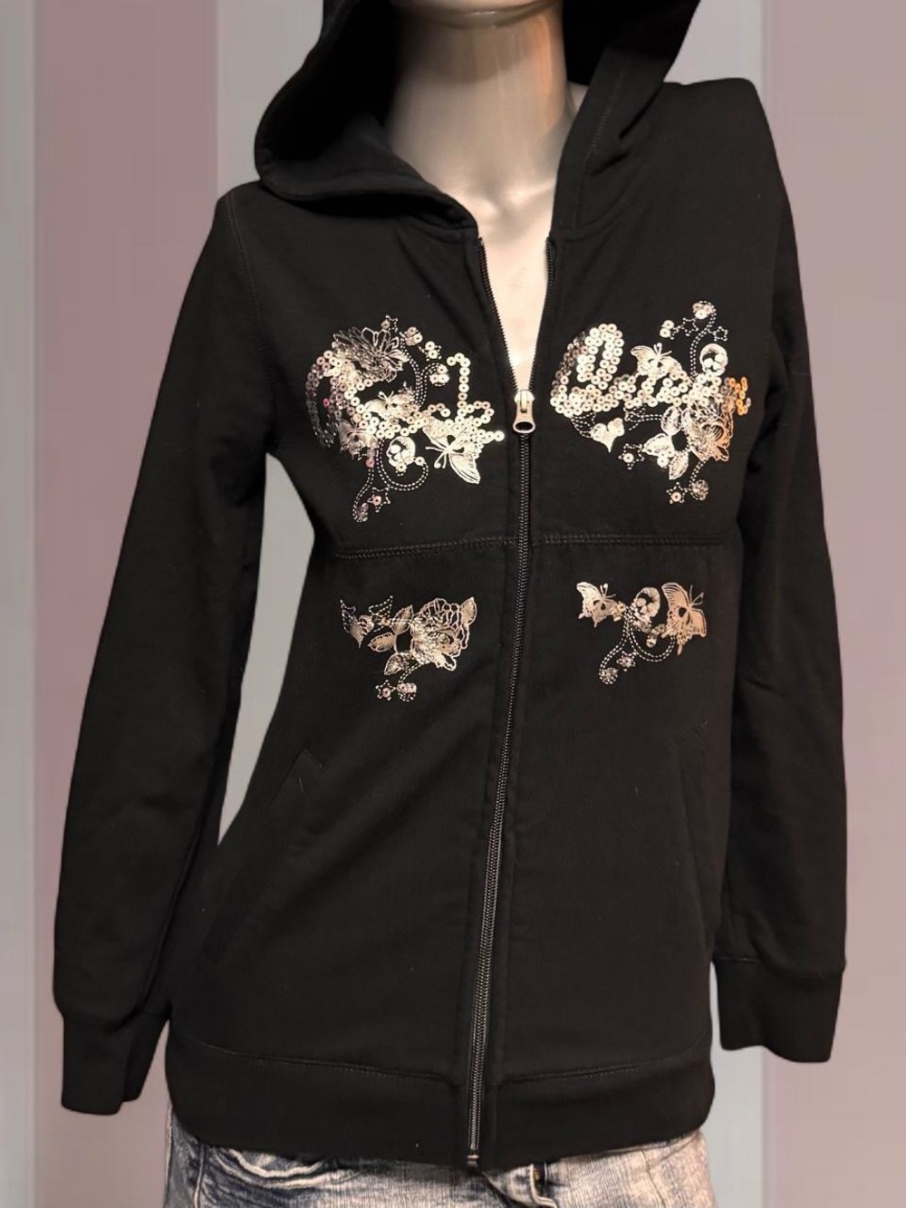 Y2K Style Sequin Butterfly Zip Hoodie